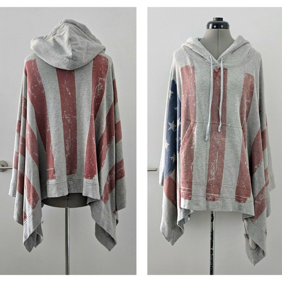 HAUTE HIPPIE cool collectible travel usa flag free people hooded poncho cape o/s - Picture 3 of 12
